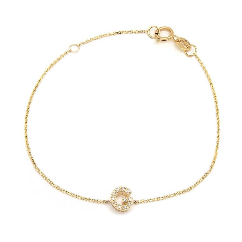 14K Real Yellow Gold  Initial ”G” Single Prong Diamond Bracelet 7+1″